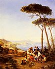 Consalvo Carelli Canvas Paintings - A Group Of Peasants With The Bay Of Naples Beyond